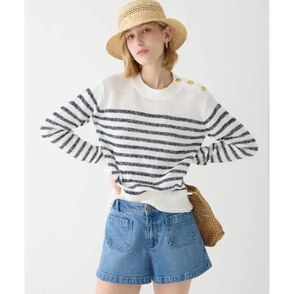 J. Crew Sweaters - J. Crew Relaxed Linen Blend Beach Sweater Striped Relaxed Nautical Buttons M NWT
